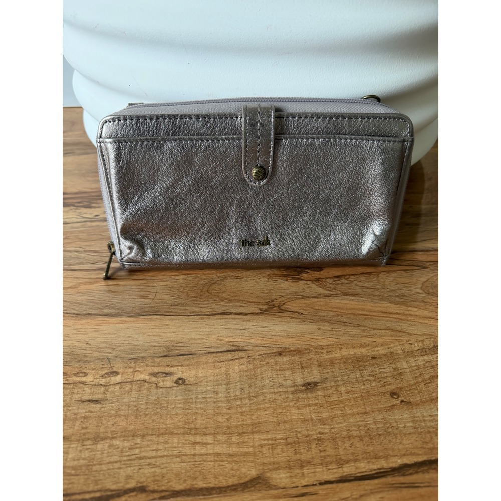 The Sak Iris Metallic Silver Leather Large Zip Around Wristlet Wallet Organizer